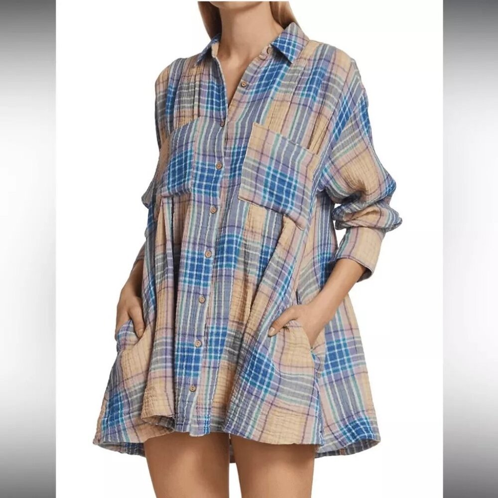 Free People Blue and Tan Plaid Mini Shirt Dress